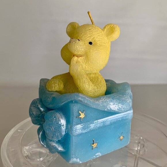 Teddy Bear Candle Happy Bear Blue Yellow Wax Baby Boy Unique Shower Gift Vintage - Picture 9 of 14